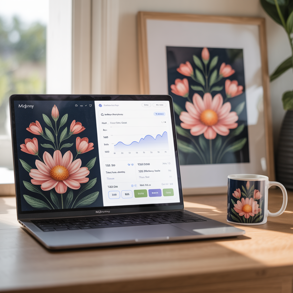 AI Print on Demand guide 2026: Aesthetic home office of a digital artist creating Etsy designs on a laptop